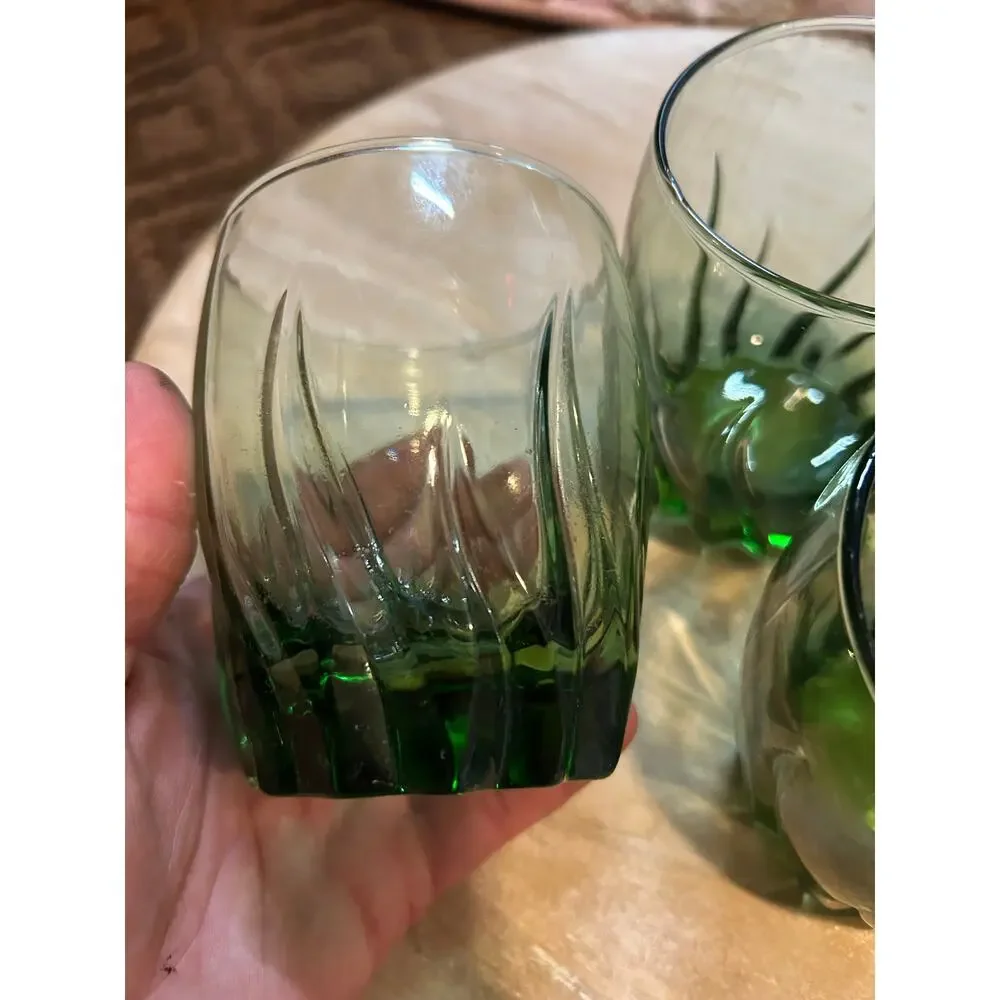 Vintage Set of 3 Green Swirl Glass Tumblers